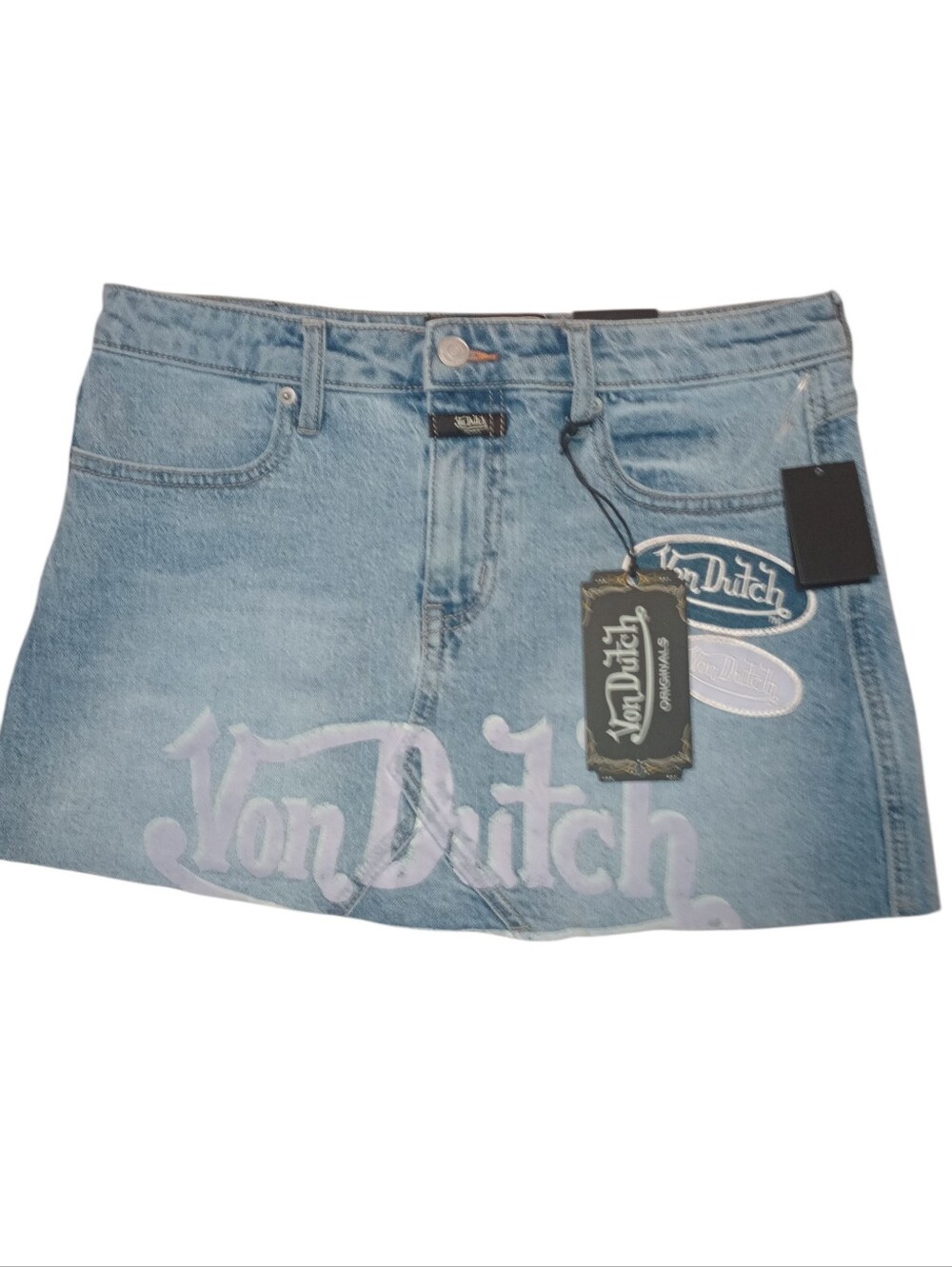 Von Dutch Originals Light Blue Denim Mini Skirt with Logo Patch, Size 7/28, NWT